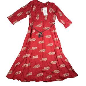 Anouk by Myntra Dress Womens S Red Paisley Boho Cottagecore 3/4 Sleeve Midi